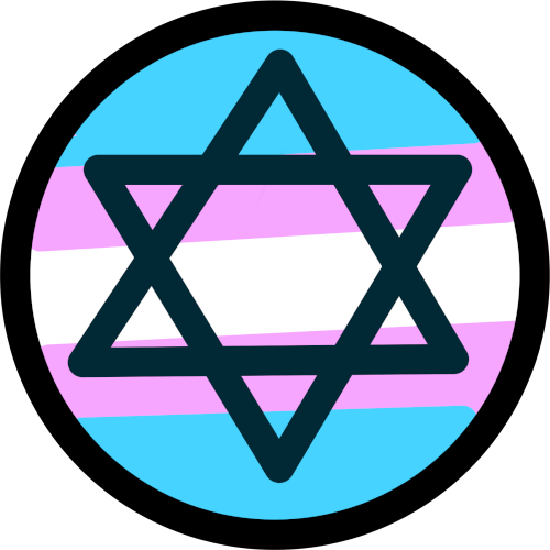 A drawing of a circle with the trans pride flag colors inside of it and a dark blue Magen David in the center